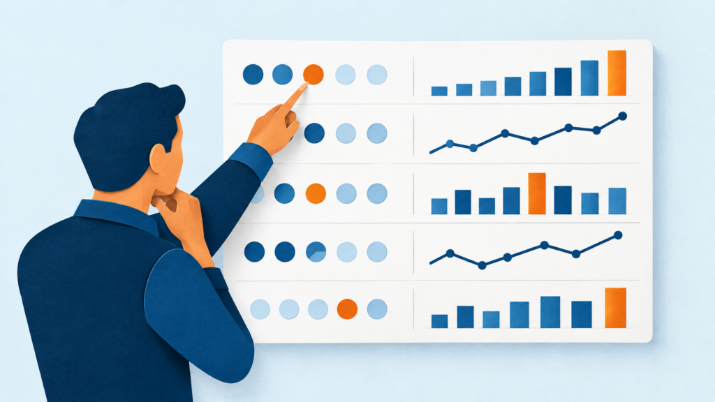 A leader reviewing a business scorecard with simple charts and signals.